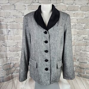 Vintage 80s Wool Preppy Tweed Blazer Velvet Trims Black White Academia Size 16